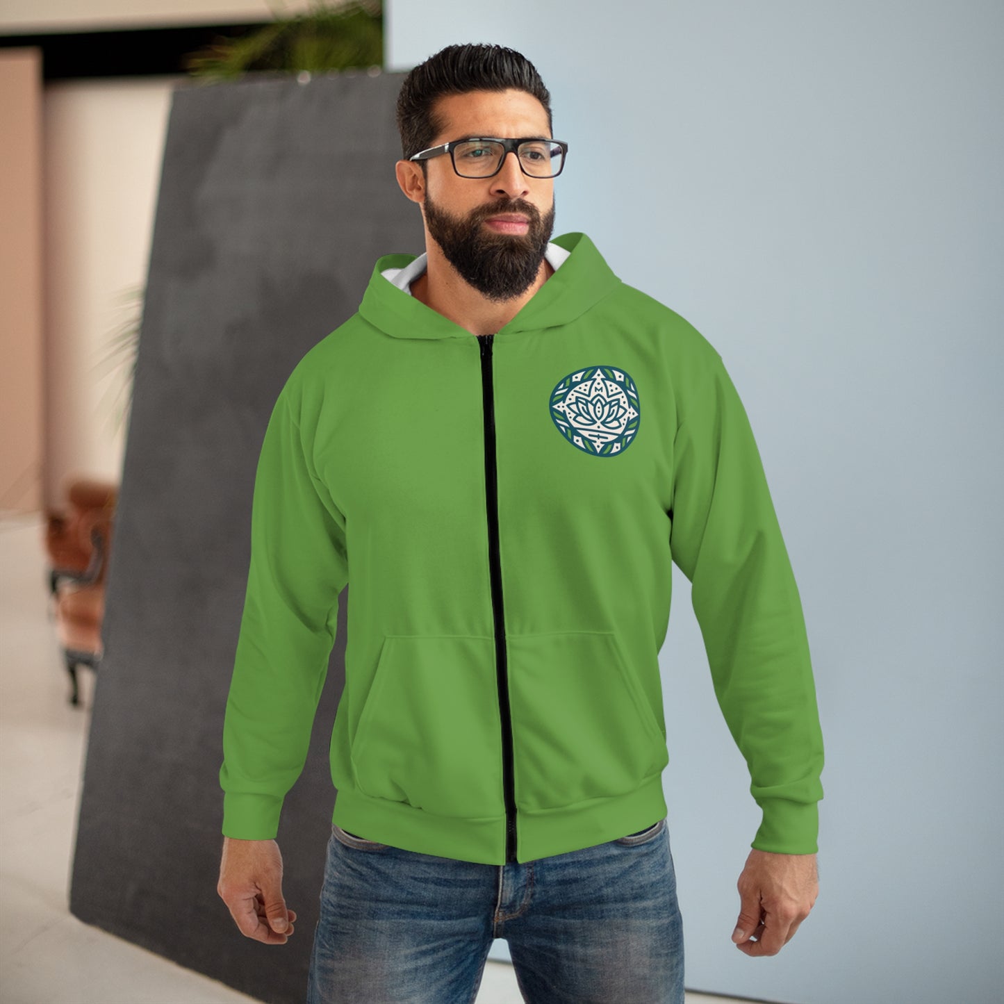 Eco-Friendly Unisex Zip Hoodie with Lotus Design