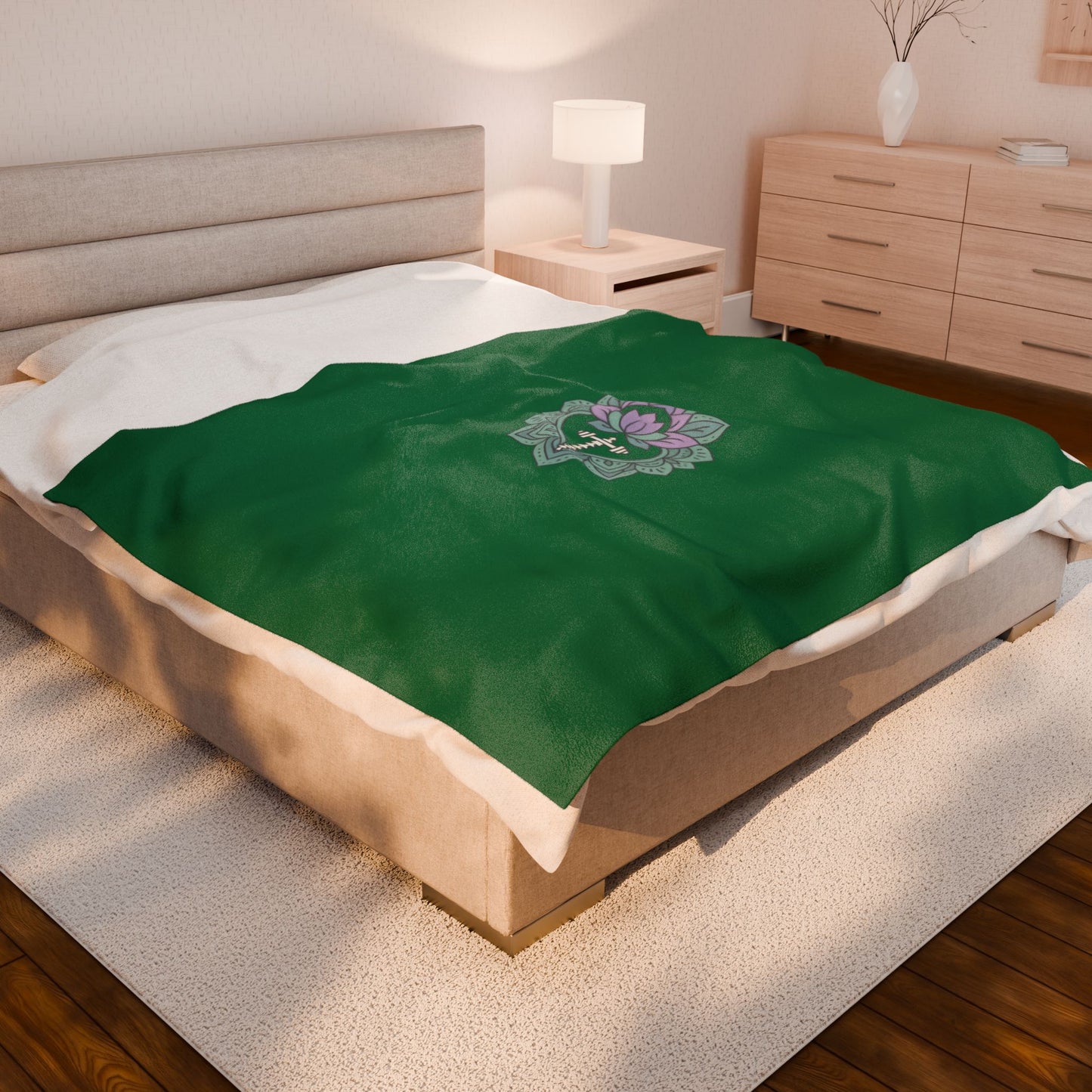 Lotus Blossom Velveteen Plush Blanket – Cozy Green Decor for Meditation & Relaxation