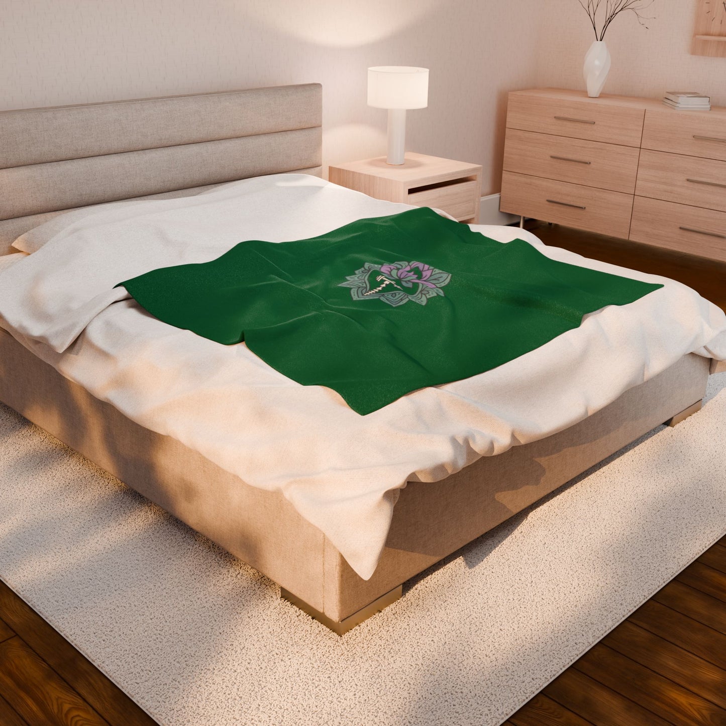 Lotus Blossom Velveteen Plush Blanket – Cozy Green Decor for Meditation & Relaxation