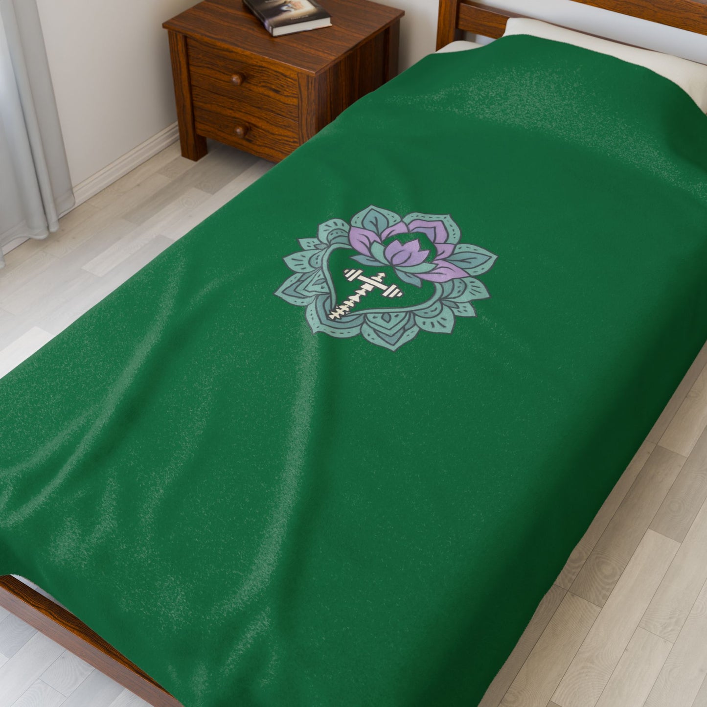 Lotus Blossom Velveteen Plush Blanket – Cozy Green Decor for Meditation & Relaxation